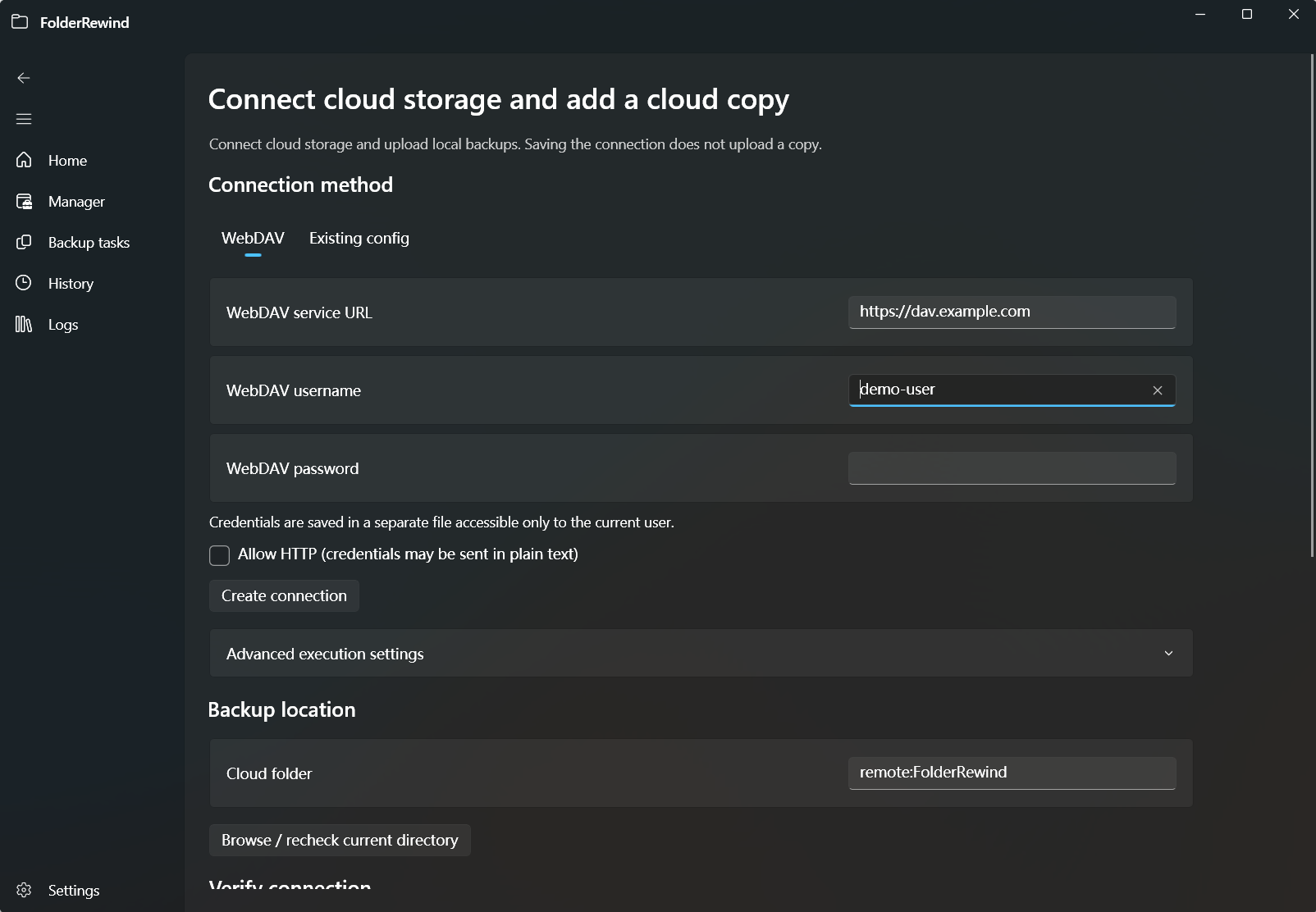 The cloud form uses an example address and a blank password; no connection has been verified or saved.