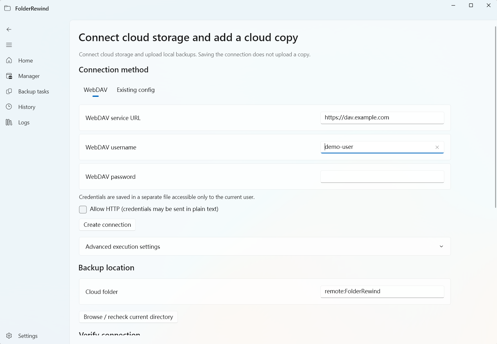 The cloud form uses an example address and a blank password; no connection has been verified or saved.