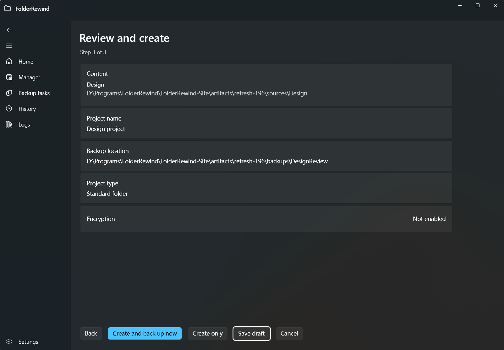Review sources, name and archive location before creating a project. This is a demonstration summary before submission.