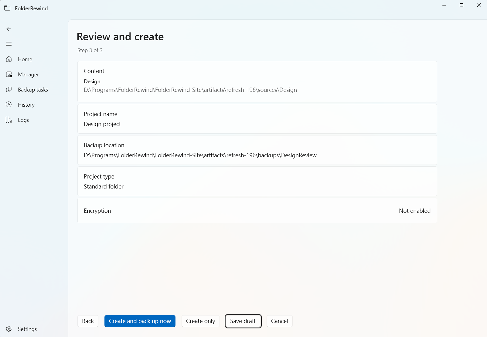 Review sources, name and archive location before creating a project. This is a demonstration summary before submission.