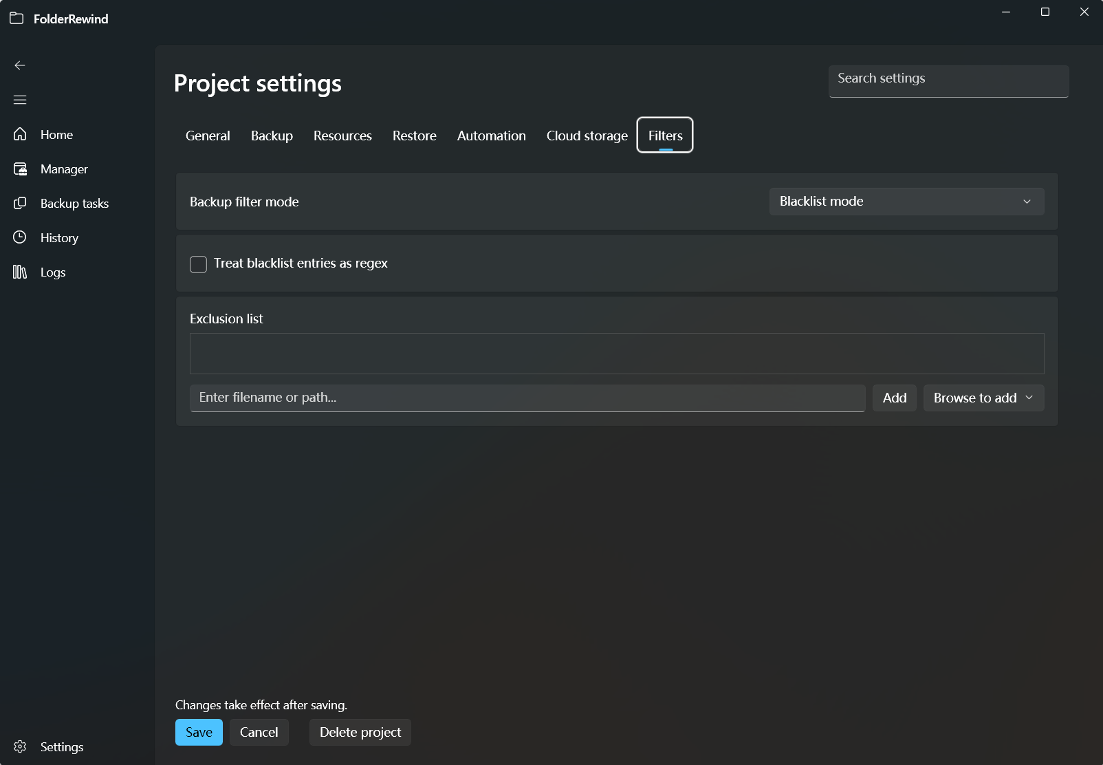 Review backup filters and restore-preservation rules on the Filters tab.