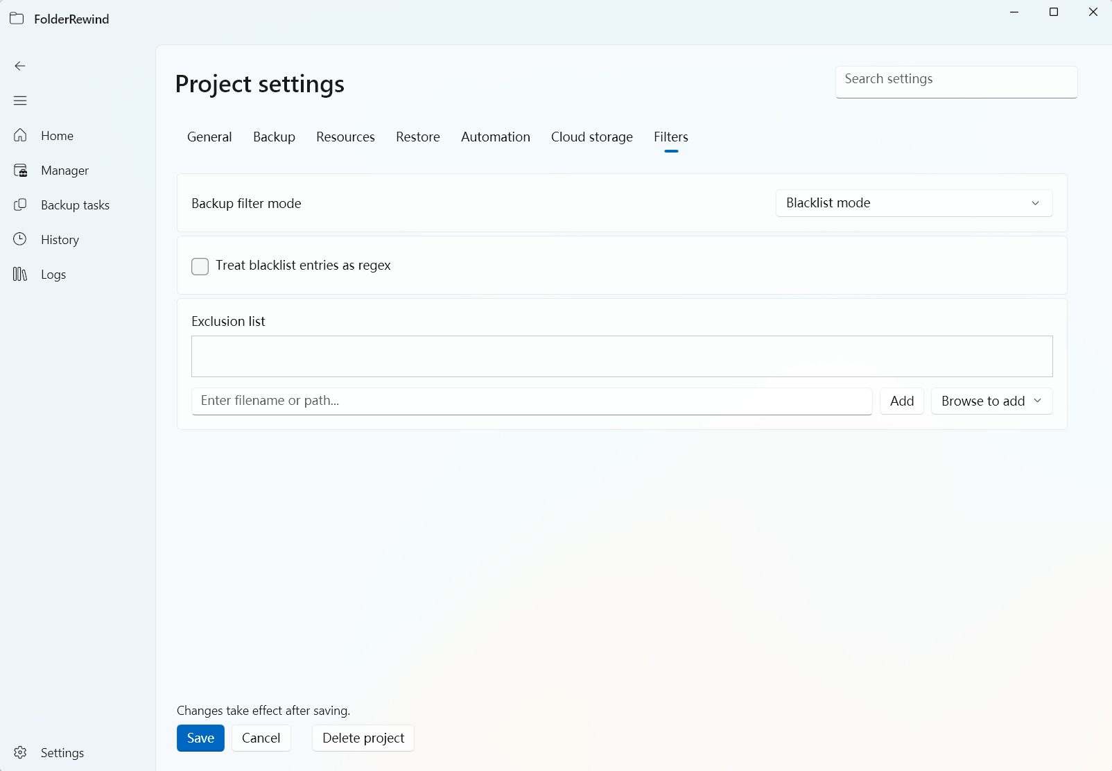 Review backup filters and restore-preservation rules on the Filters tab.