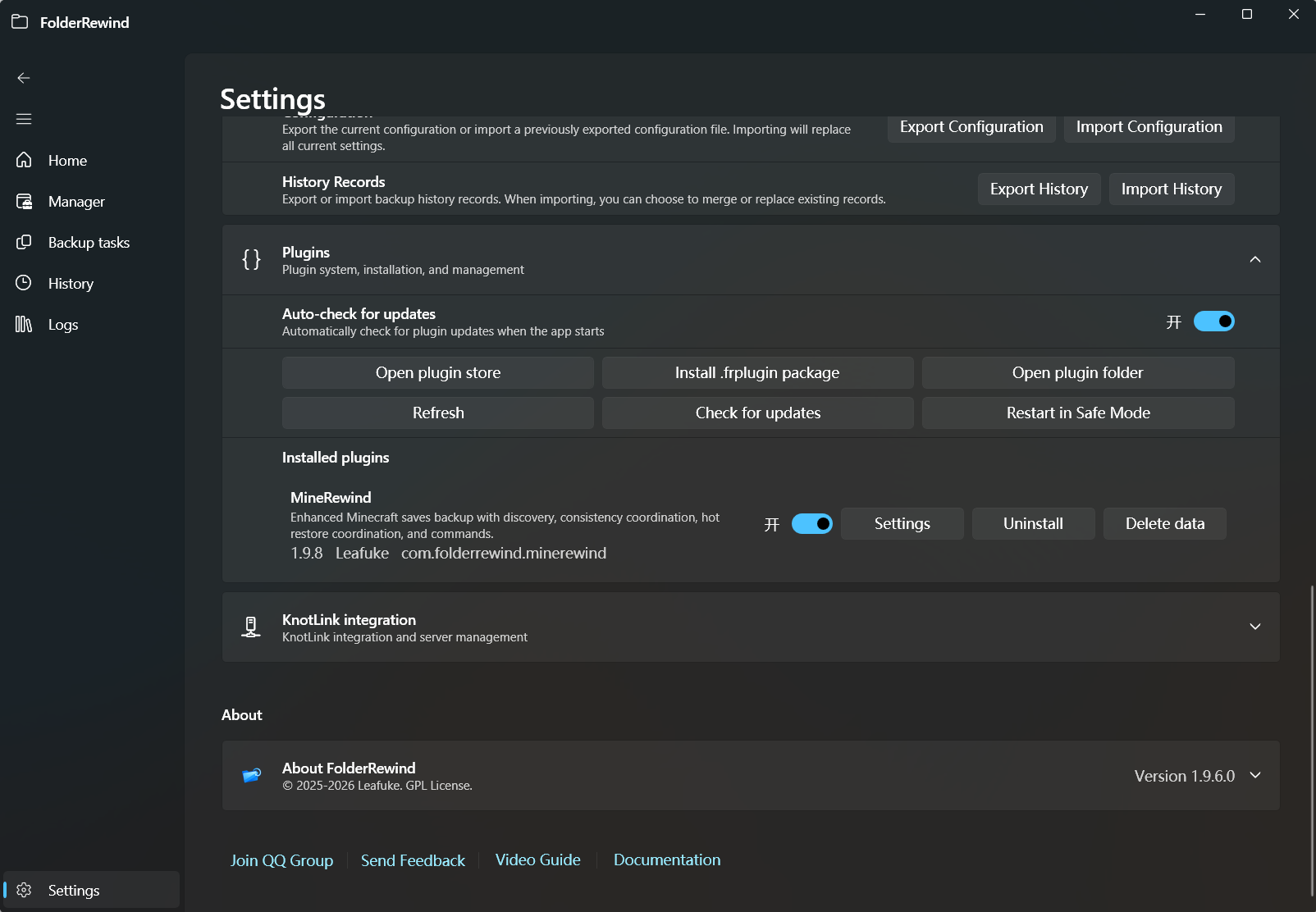 Plugin management shows bundled MineRewind 1.9.8; check the separate public package independently.