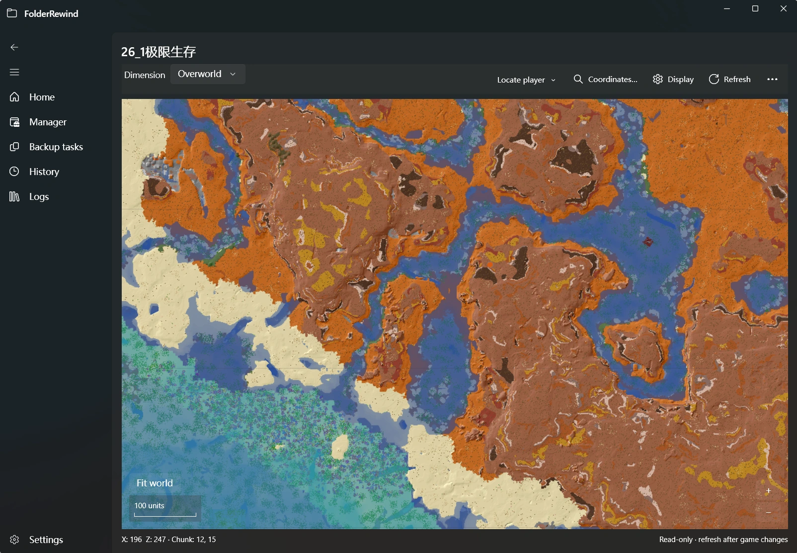 FolderRewind reads the real Java world “26_1极限生存” and displays its generated terrain.