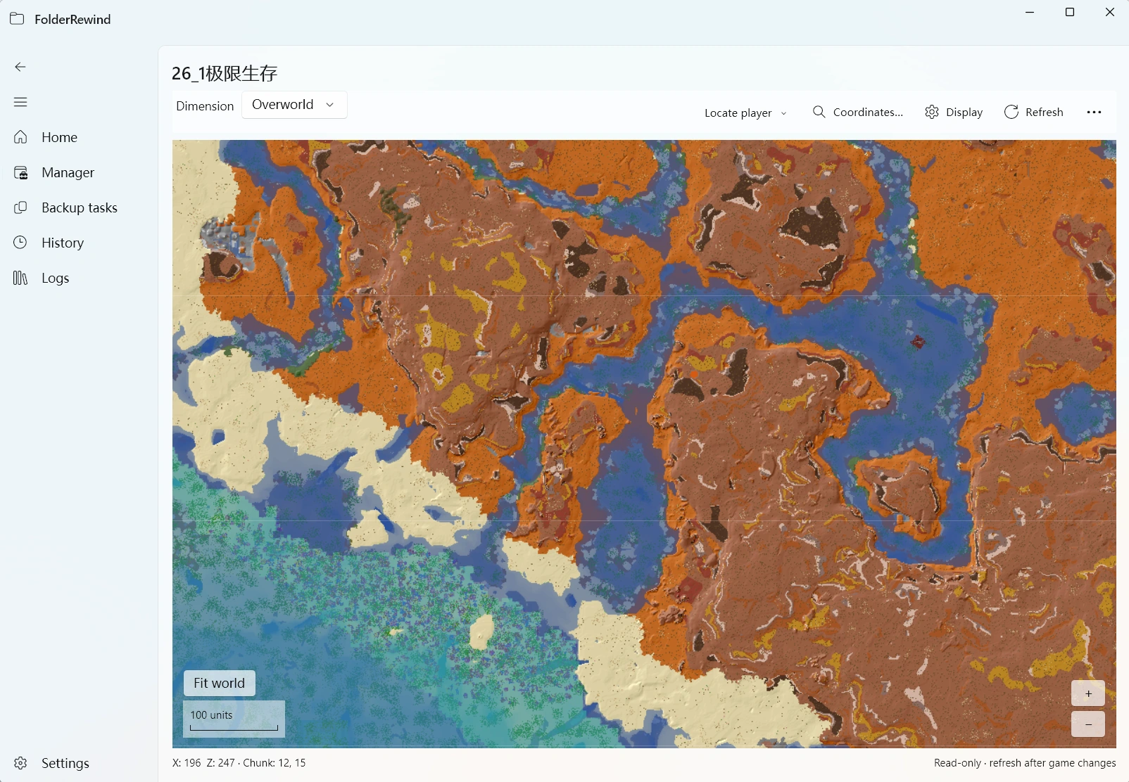 FolderRewind reads the real Java world “26_1极限生存” and displays its generated terrain.